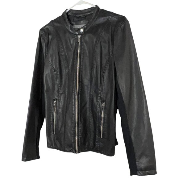 Kenneth Cole Reaction Black Faux Leather Moto Jacket Women’s Large L Slim Fit - Picture 11 of 13